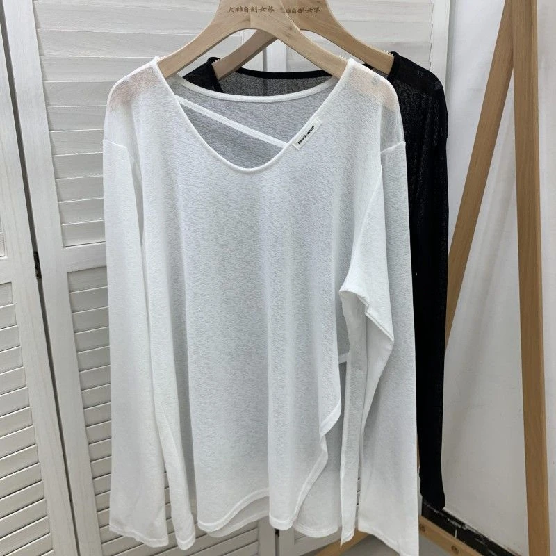 夏季新款宽松慵懒小心机V领防晒衣t恤女洋气开叉长袖百搭显瘦上衣