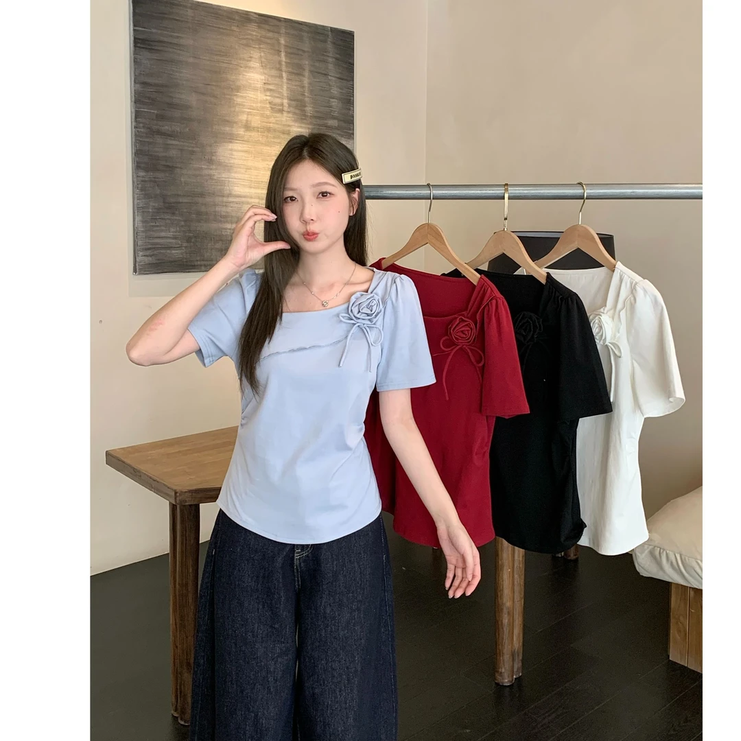 2025夏季新款胖mm大码女法式方领花朵短袖T恤甜美风正肩上衣64232