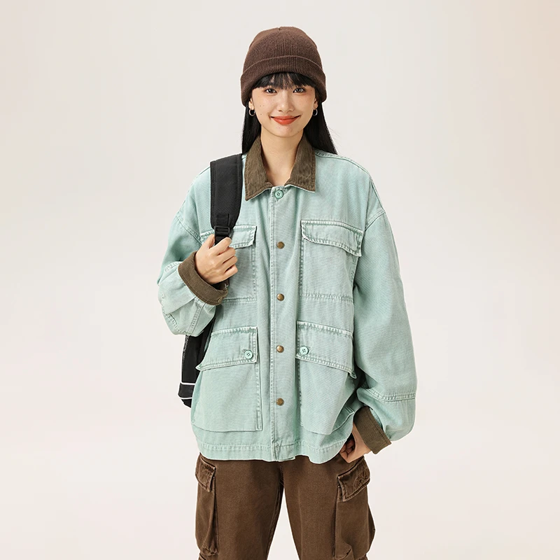 美式复古重磅水洗夹克春秋款潮流拼色翻领宽松多袋工装外套