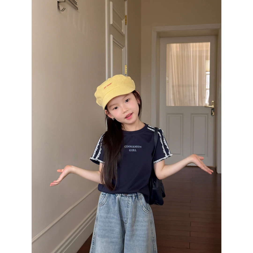 Harper kids 韩版蕾丝花边拼接字母印花圆领短袖T恤 H25A030520