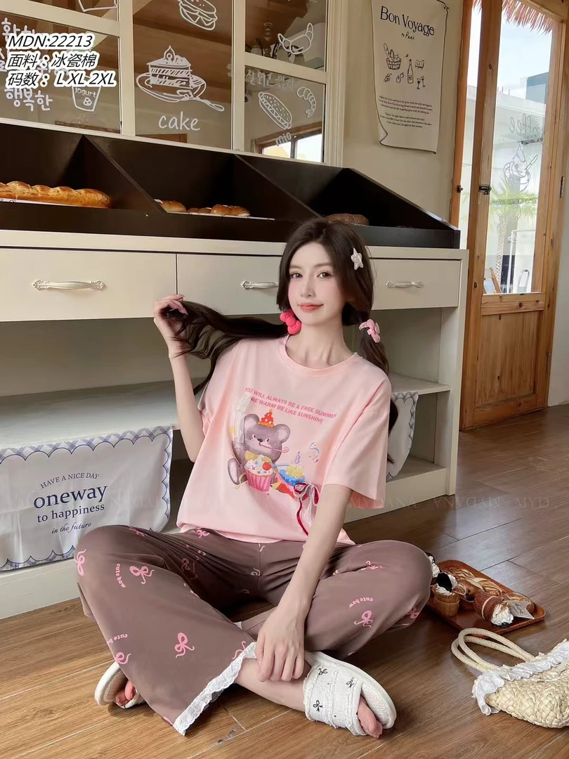 甜美卡通印花夏季女士睡衣套装可爱设计休闲减龄
