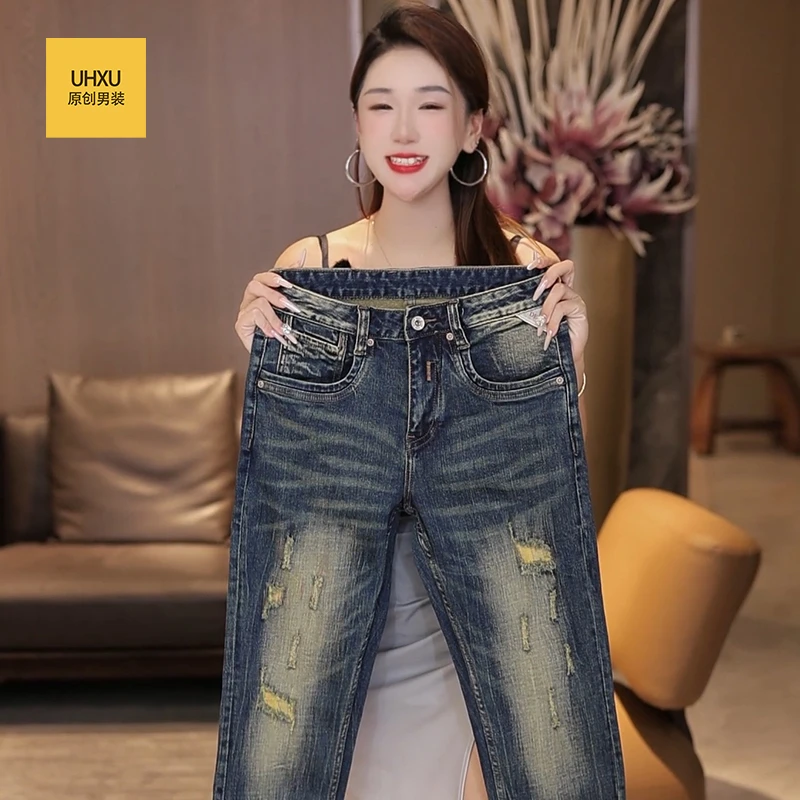 UHXU潮牌秋冬高端复古做旧水洗男士牛仔裤美式破洞修身直筒长裤