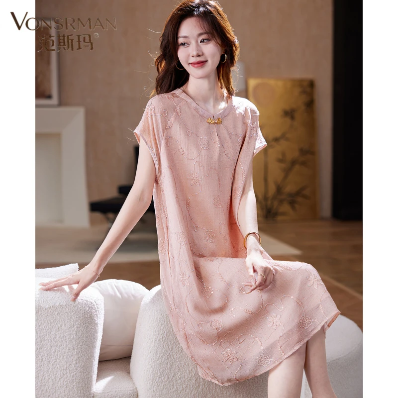 范斯玛亮片刺绣短袖雪纺连衣裙2025夏季新中式气质宽松大码女装