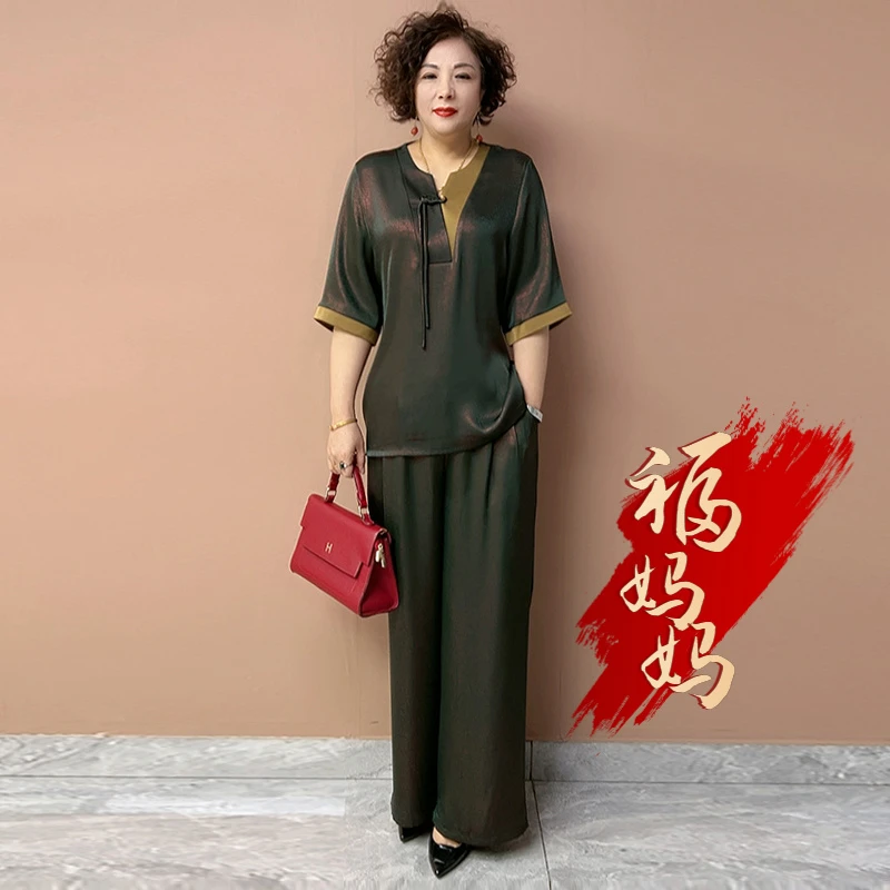H夏季经典国风短袖真丝妈妈洋气旗袍衬衫宽松遮肉阔腿裤时尚减龄