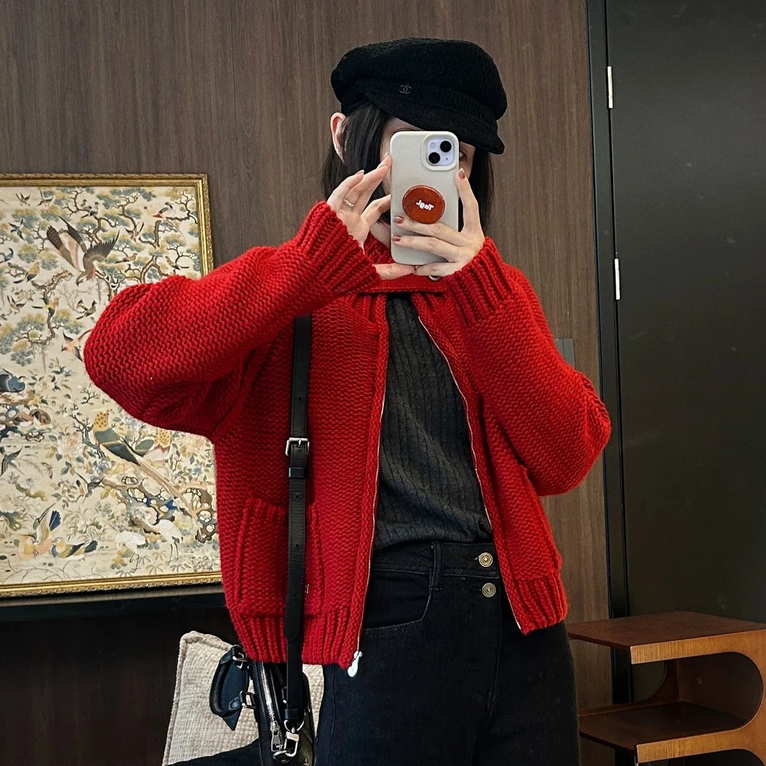 【MGDM】羊毛粗针立领宽松开衫毛衣女2024秋冬2024秋冬LL2392519