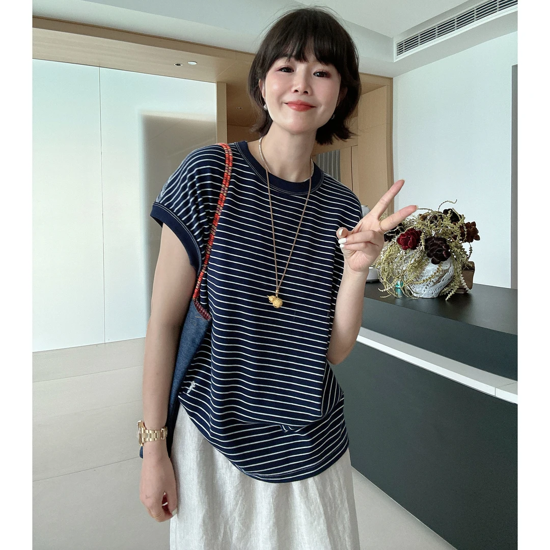 夏季复古条纹慵懒宽松休闲圆领短袖T恤