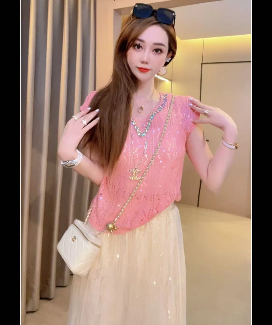 【风华】重工钉珠冰丝针织钩花短袖上衣