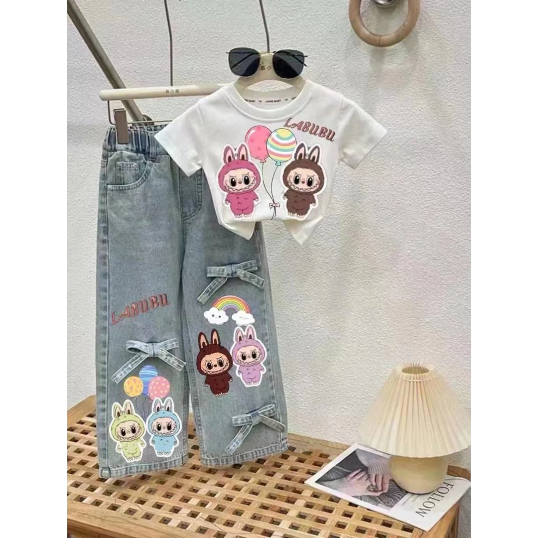 巴拉童年女童夏季套装卡通拉布布2025新款儿童洋气时髦短袖牛仔裤