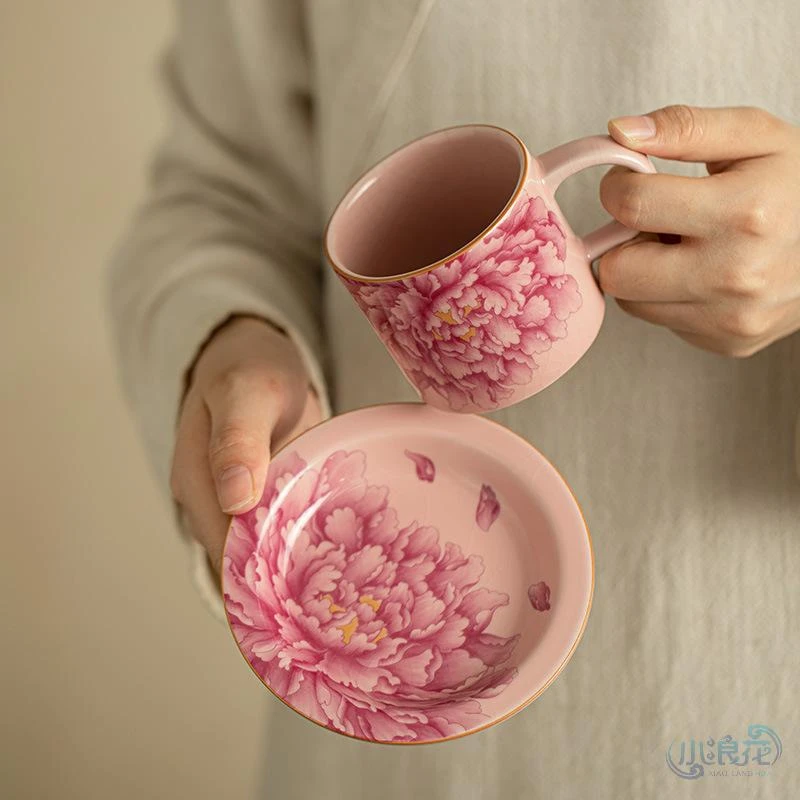 景德镇牡丹粉汝咖啡杯陶瓷早餐杯水杯马克杯女生花朵家用办公WDS