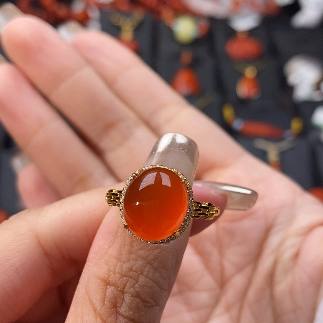 南红玛瑙银S925镶嵌云南保山冰红戒指