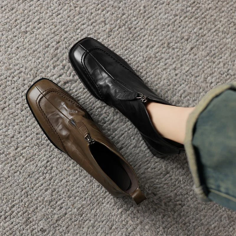 美拉德真皮方头短靴2025秋冬新款粗跟中跟短筒女靴子拉链马丁单靴