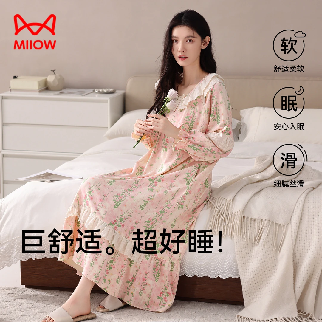 猫人纯棉女士睡裙2025年新款全棉春秋季中长款休闲连衣裙家居服