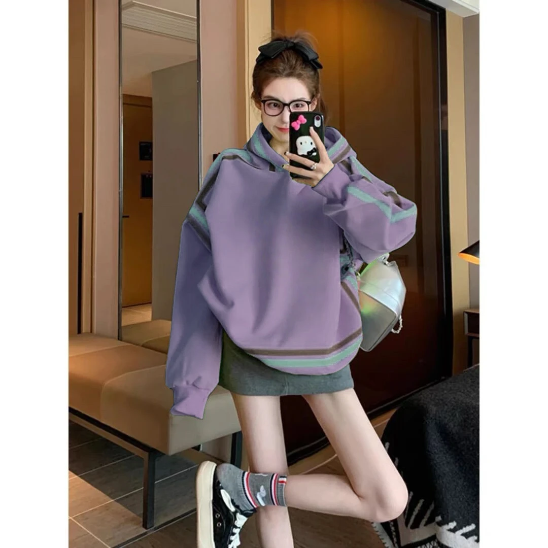 外套女秋冬2025新款洋气爆款连帽紫色宽松卫衣女休闲套头显瘦上衣