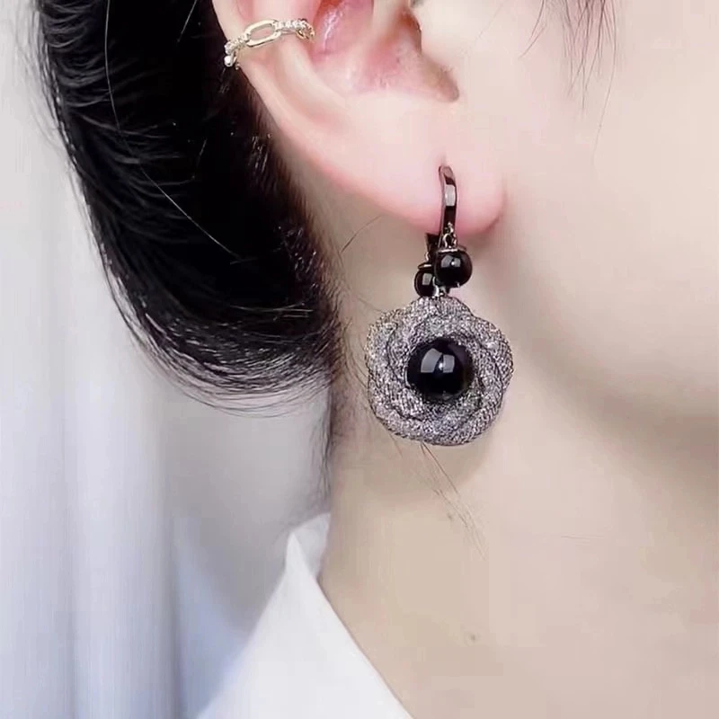 铜合金耳饰 【狮子】醉美人重工黑色花朵气质复古时尚百搭耳环轻奢