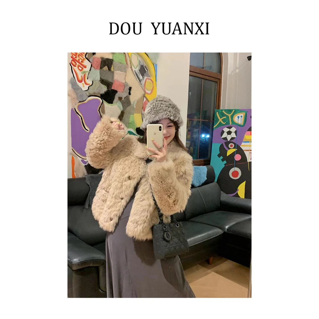 窦元囍【草莓豆】托卡卷毛皮毛一体女装长短外套冬显瘦翻领皮草