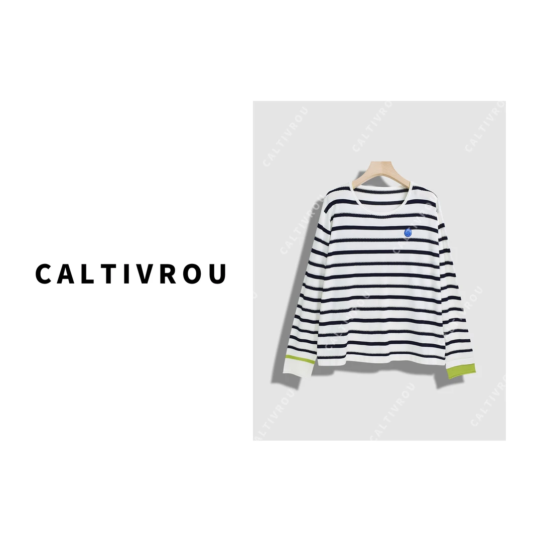 Caltivrou时髦笑脸长袖撞色蕾丝条纹针织衫-Y15241