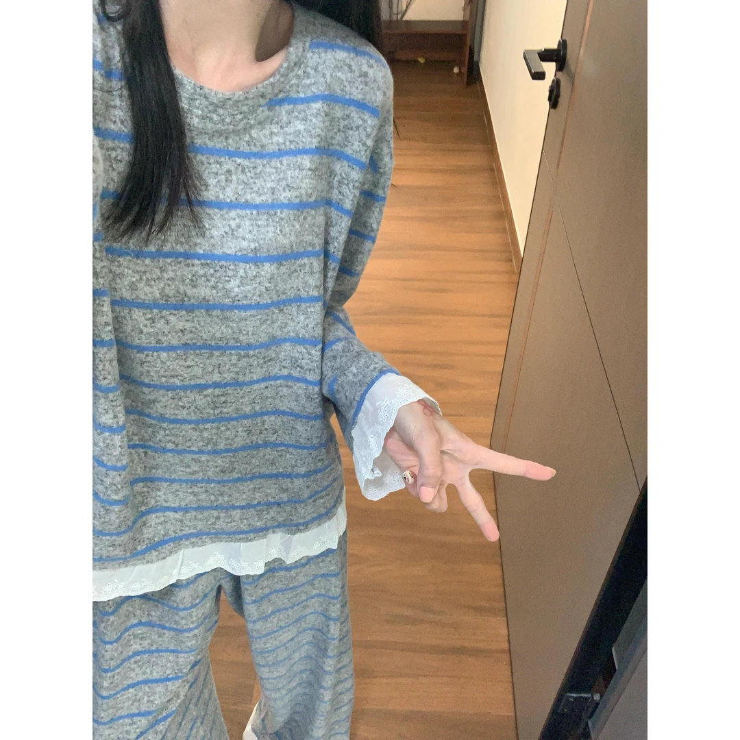 韩系高级感花边条纹德绒睡衣女秋冬2025新款慵懒风大码家居服套装