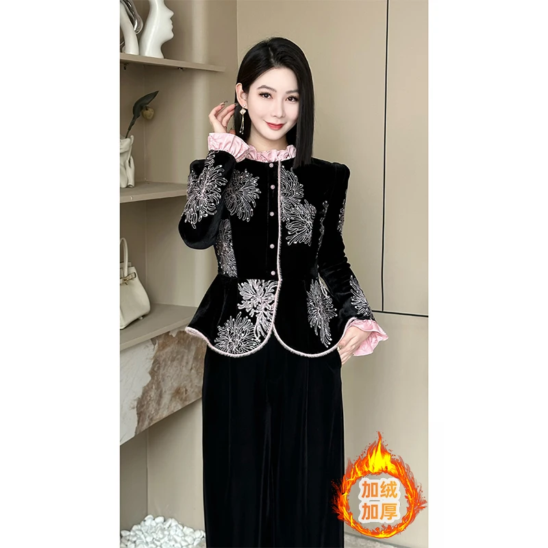 格娜新中式重工刺绣花边袖国风上衣掐腰显瘦高级感丝绒裤子两件套