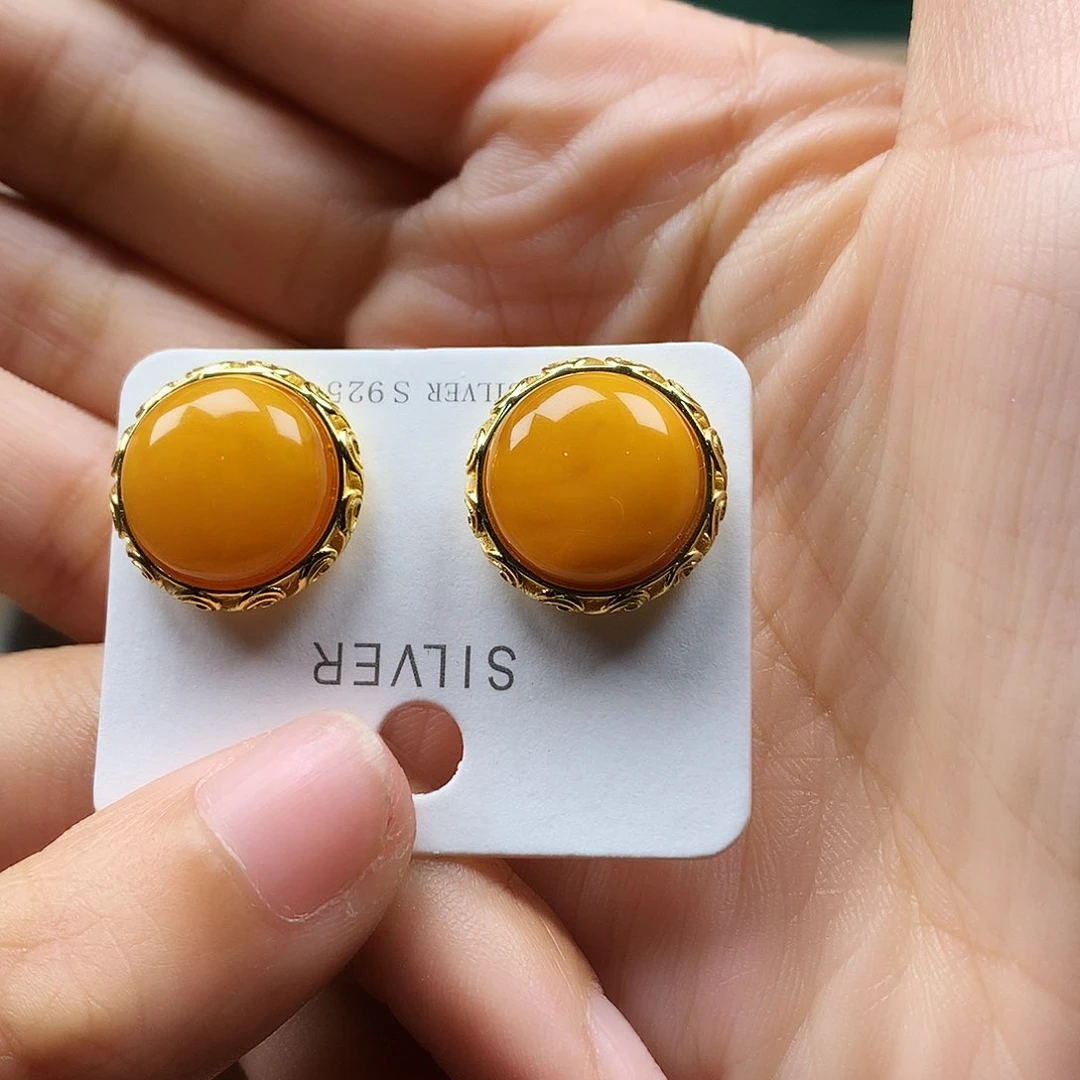 蜜蜡耳饰银S925镶嵌耳钉