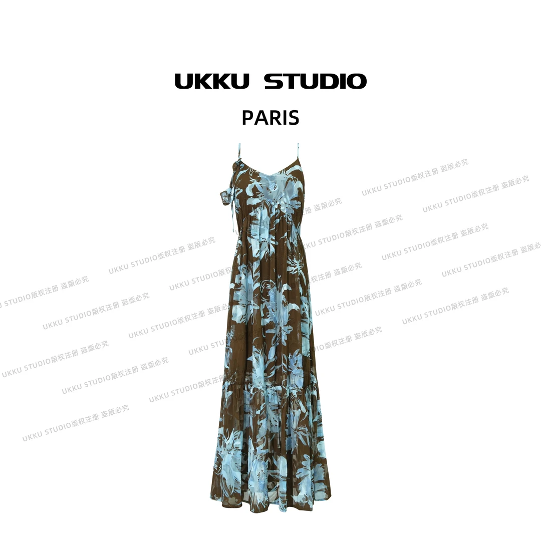 牛【UKKU STUDIO】轻奢设计师夏季收腰碎花吊带连衣裙914063