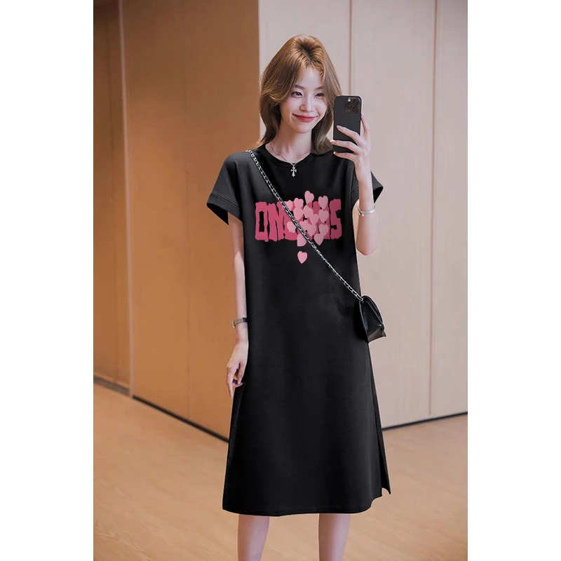 纯棉短袖T恤开叉连衣裙女夏季中长款过膝纯欲风裙子大码外穿长裙