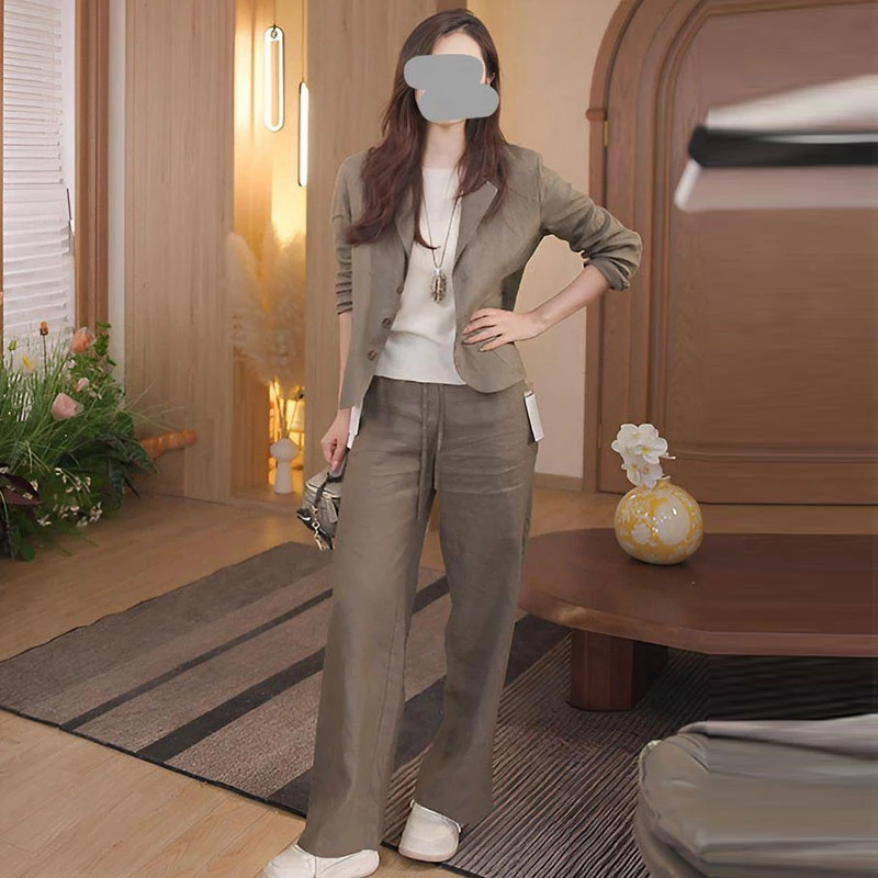 2025秋新款收腰正肩小西装气质西装直筒裤设计感两件套女士