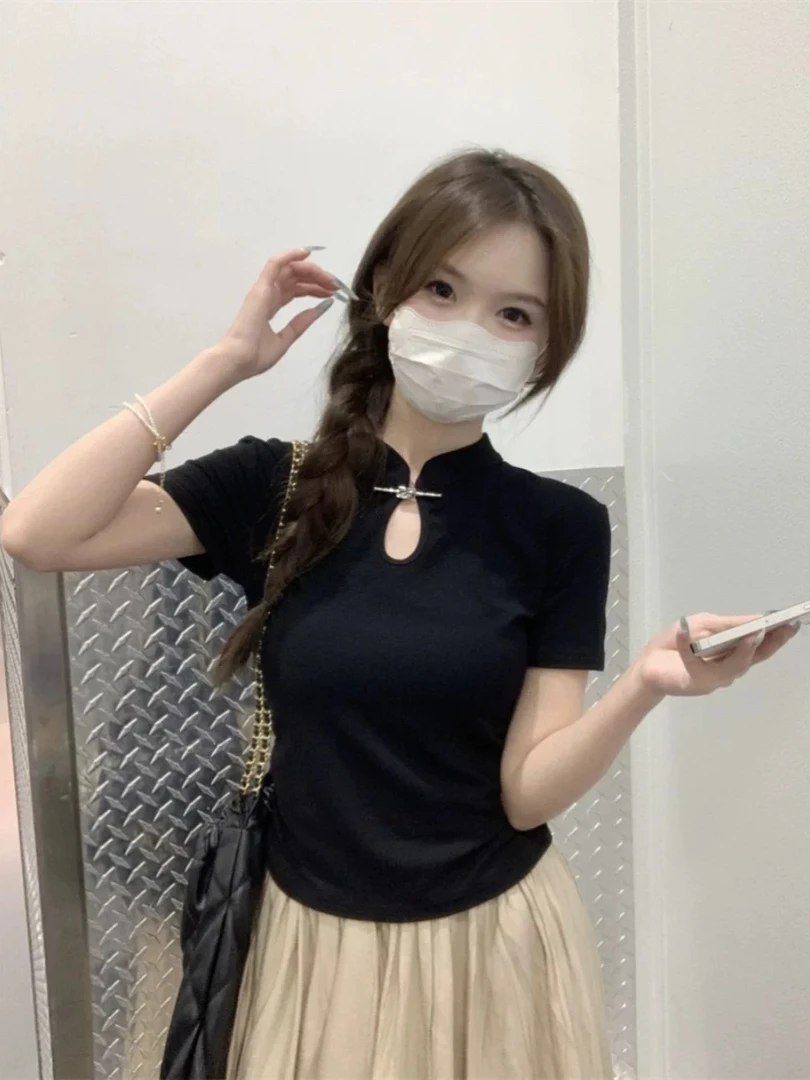 新中式复古盘扣立领T恤女夏季黑色辣妹修身显瘦短袖上衣A123