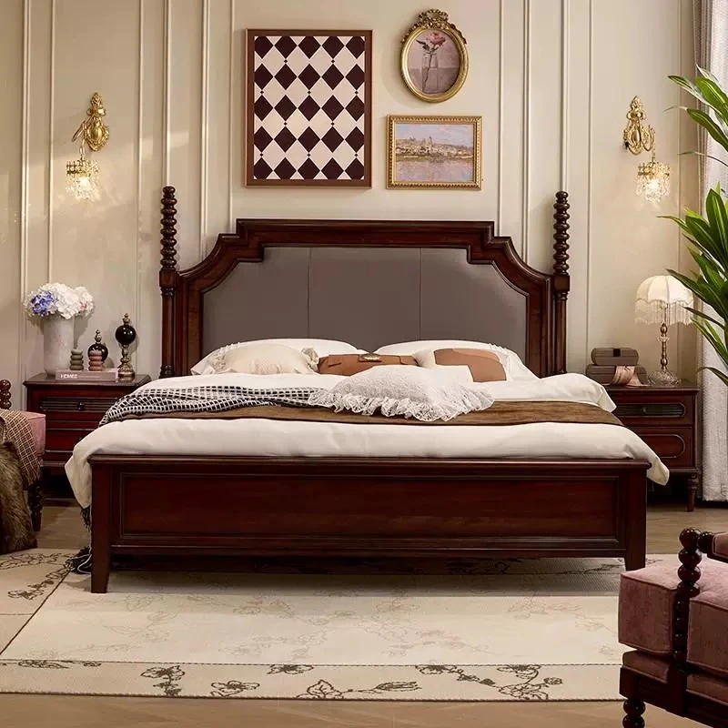 全实木北美进口桃花心木软包主卧大床美式家用婚床轻奢新中式简约