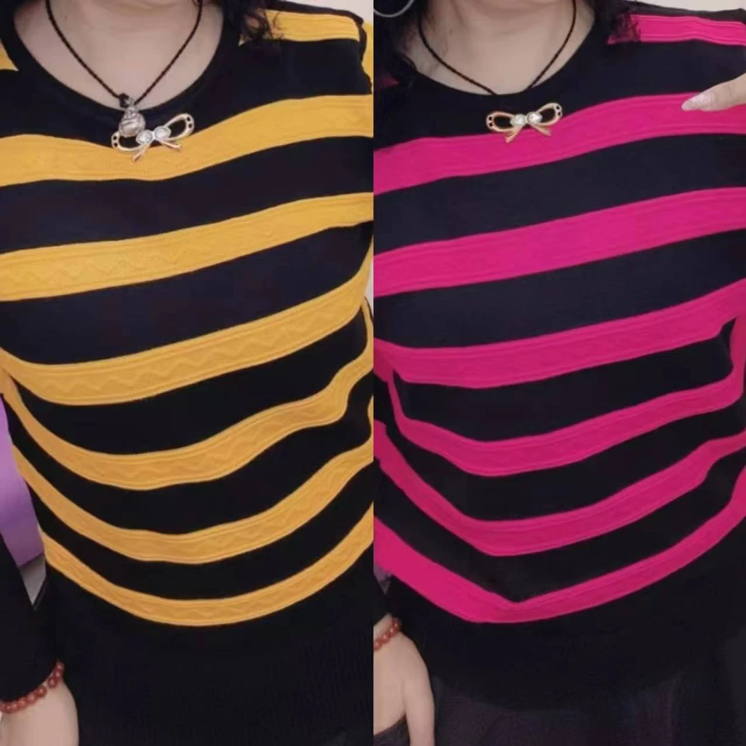 【拍1发二】宽条时尚针织衫妈妈装显瘦长袖百搭