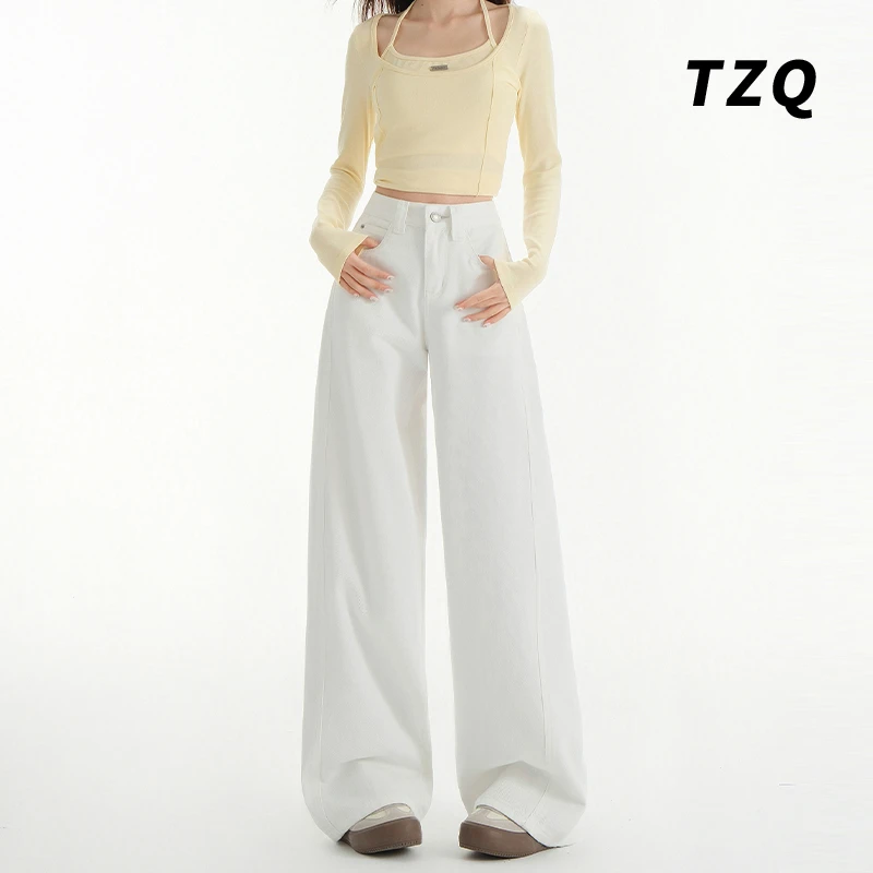 白色直筒牛仔裤女爆款2025新款小众时髦百搭高腰阔腿裤TZQ2520433