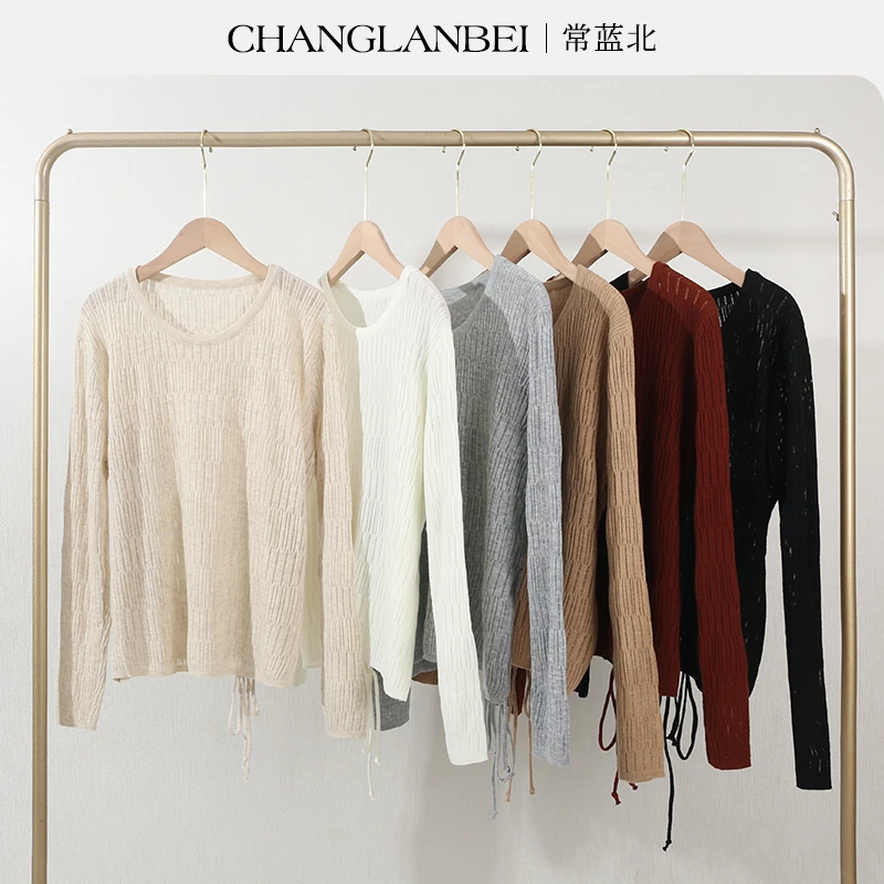 【常蓝北】秋季新款针织衫女显瘦高级感镂空腰间系带长袖针织衫