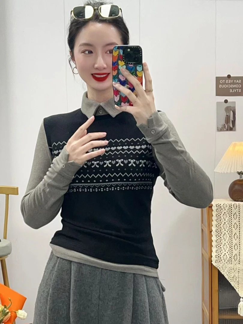 【女人空间生活馆】韩货花纹假两件套头拼色打底衫女上衣888