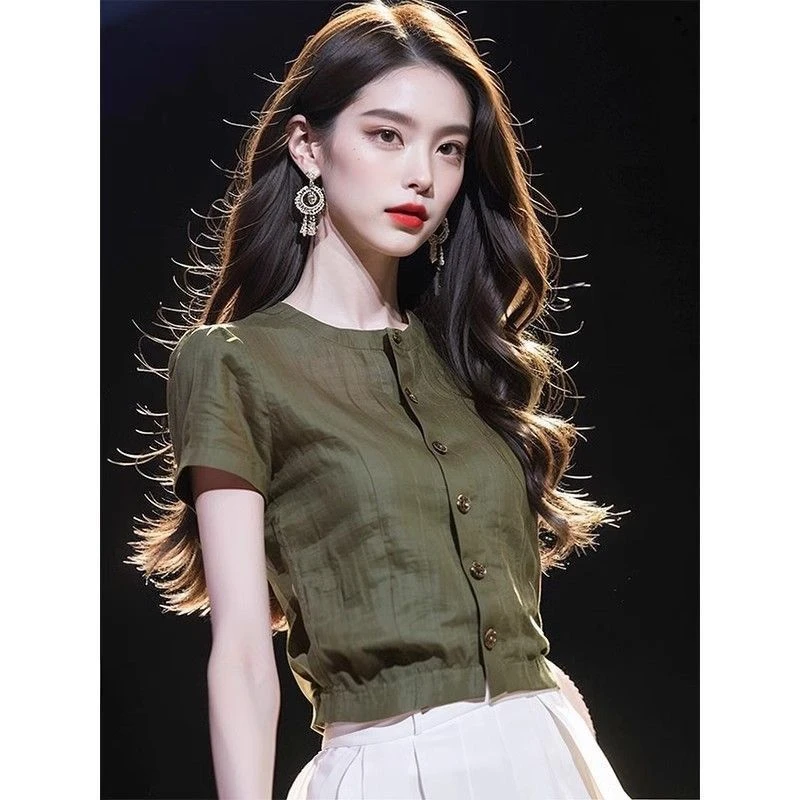 法式轻薄短袖衬衫女士高级设计感众夏季独特别致漂亮小衫短款上衣