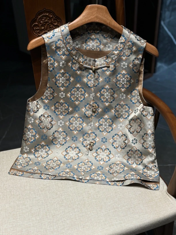 新中式中国风休闲碎花复古桑蚕丝马甲马夹提花上衣无袖民族风时尚