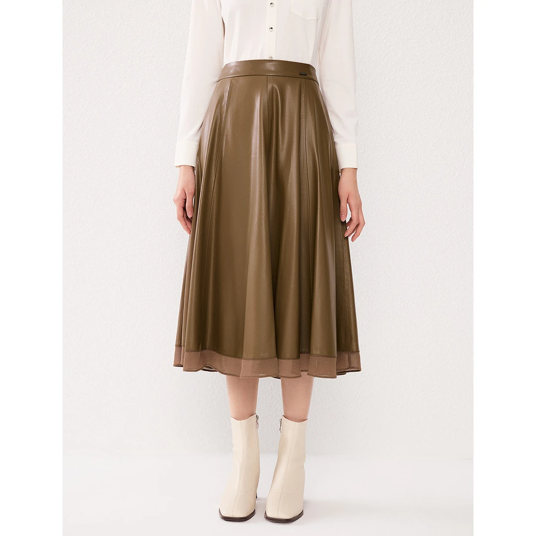 【众心专享价】高级感皮裙春季新款拼接网纱时尚纯色中长款PU半截裙