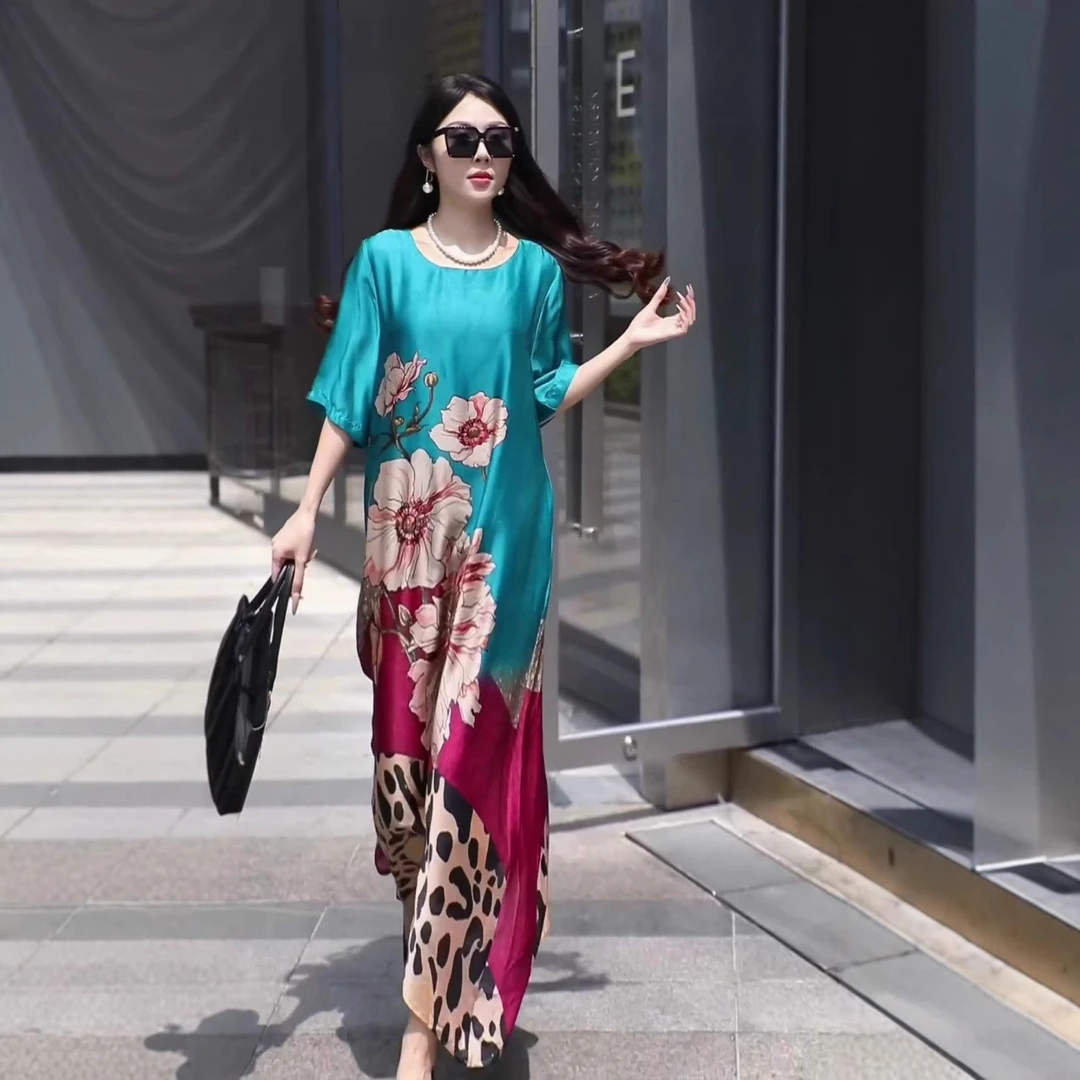 夏新款时尚大码宽松显瘦优雅飘逸气质连衣裙轻奢贵妇人长裙#75551