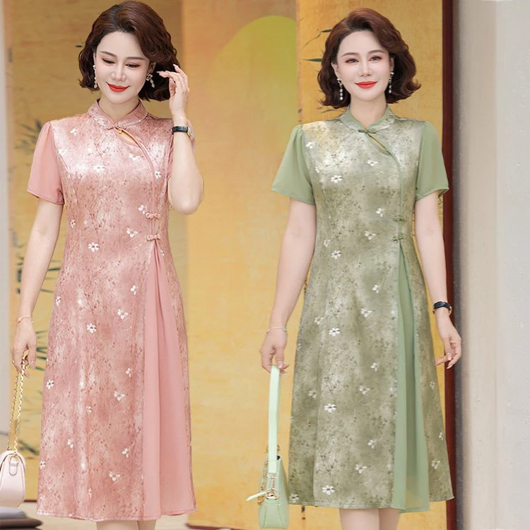母亲节礼物时尚夏季妈妈夏装连衣裙中年女装气质改良旗袍洋气裙子