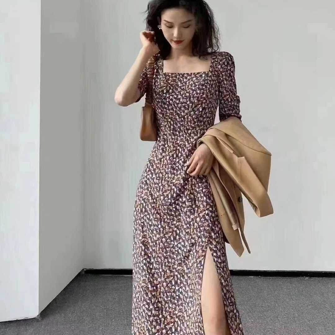 阿家正品活动碎花显瘦法式一字领连衣裙 5500406-1A82543-001