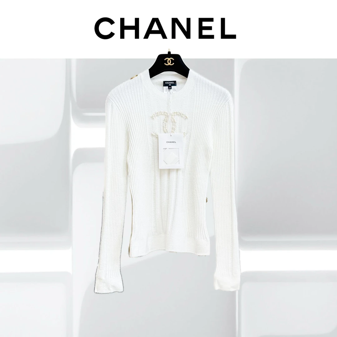 99新 Chanel/香奈儿 38码22B白色拼珍珠大双C针织上衣
