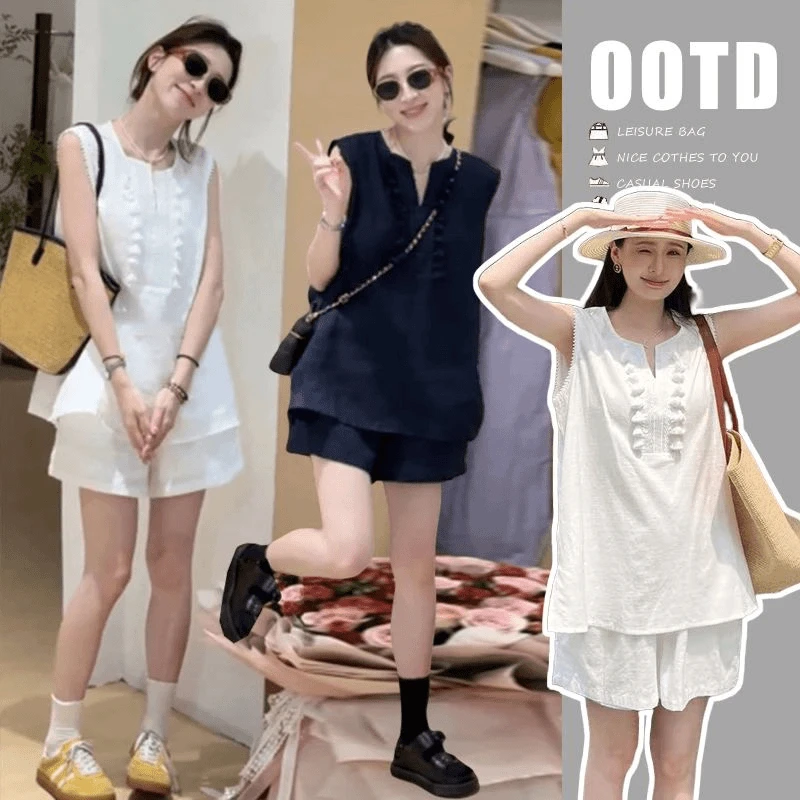 孕期夏季新款韩系休闲显瘦宽松时尚百搭无袖小衫与阔腿短裤组合