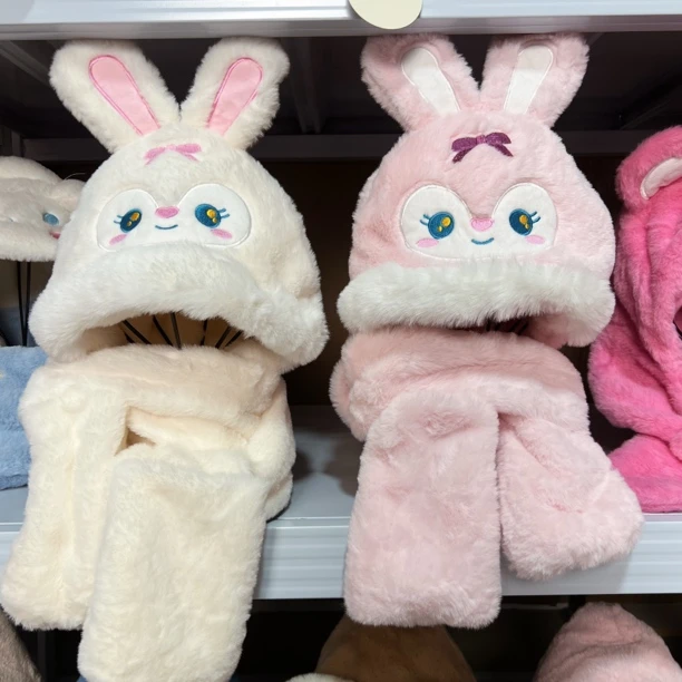 【D800】4-8岁长耳兔帽子围巾手套一体帽