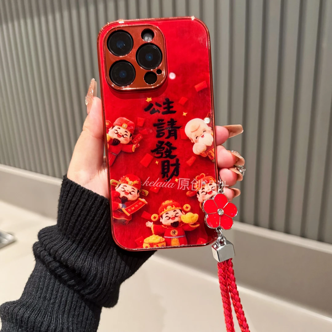 适用苹果华为荣耀OPPO小米VIVO手机壳电镀玻璃公主请发财毛茸茸