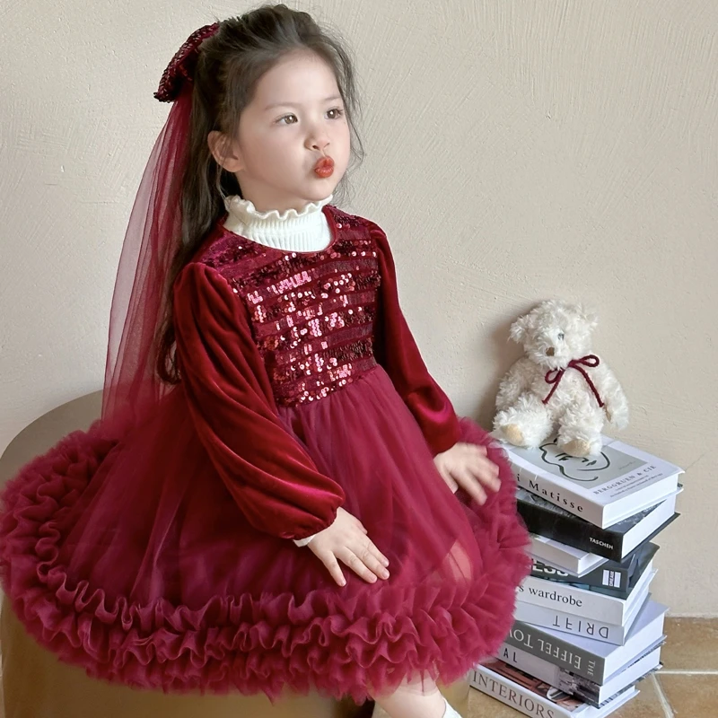 女童红色公主裙秋冬季2025新款洋气儿童加厚丝绒裙子小女孩连衣裙