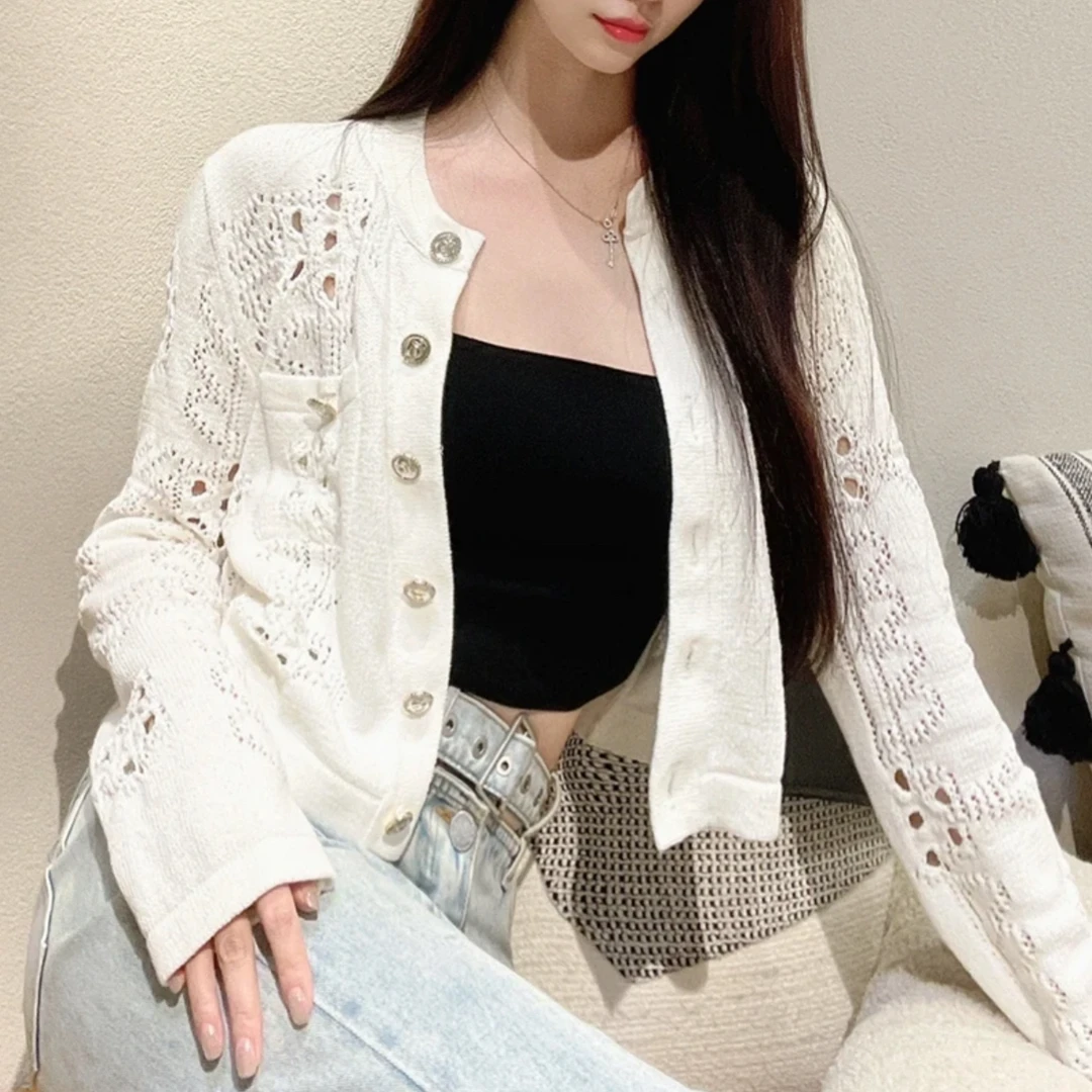 99新 Chanel/香奈儿 21C白色镂空针织开衫外套 34码