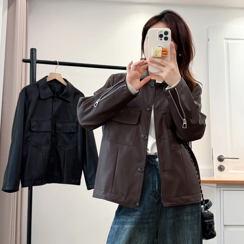 2025复古大码秋季新款翻领皮衣外套女宽松显瘦机车夹克开衫上衣女