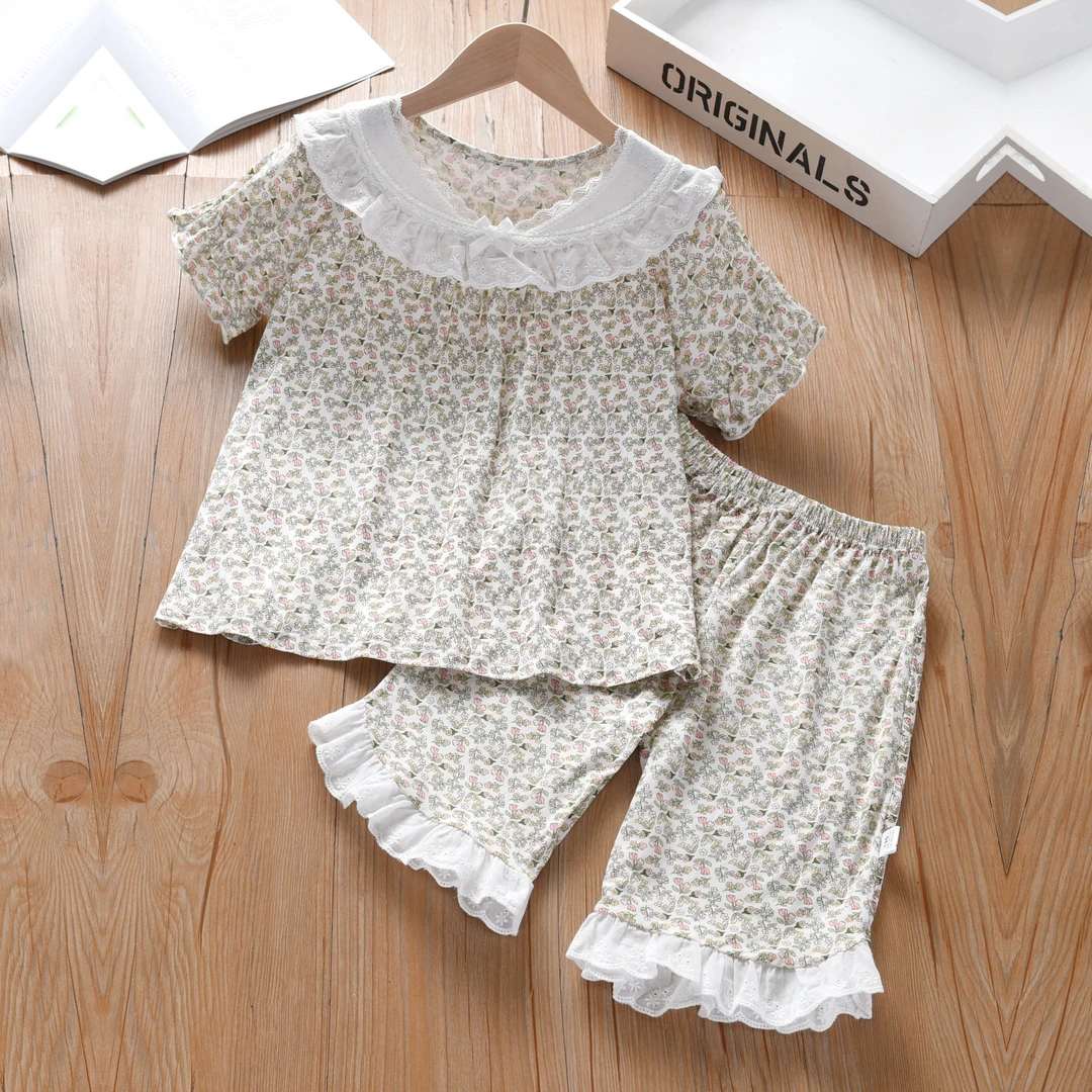 女童短袖碎花家居服套装夏季薄款莫代尔上衣短裤两件套睡衣套装夏