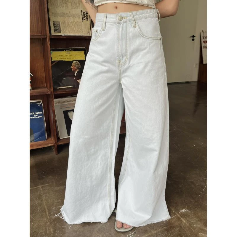 HELLOTANGO《盛夏光年》夏季清爽浅蓝复古毛边直筒牛仔裤L2510#