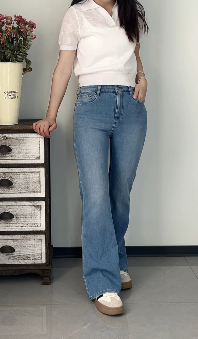 沐子家～代嘉儿2025夏季新款四面弹蓝色刺绣微喇修身薄款牛仔裤