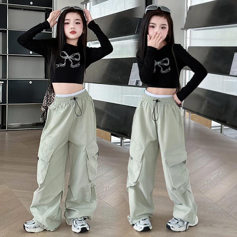 女童长袖上衣春秋韩式风2025新款中大童辣妹蝴蝶结短款洋气打底衫