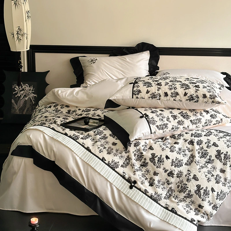 皇后娘娘新中式亲肤舒适长绒棉全棉四件套复古风碎花盘扣纯棉被套